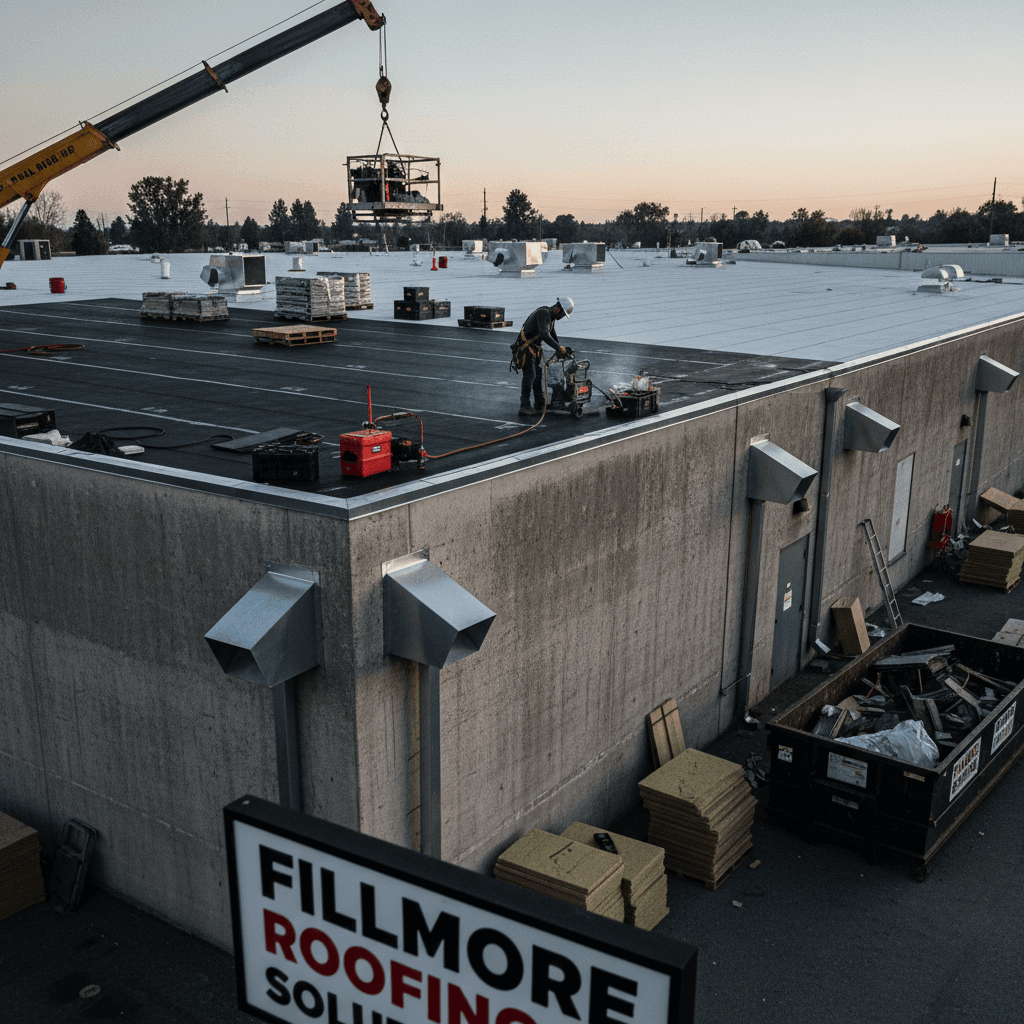 Commercial roofing installation on business property