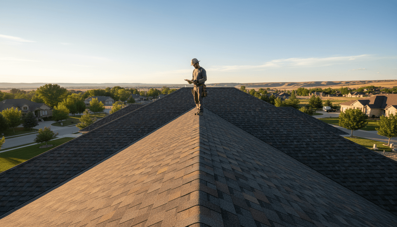 Roofing professional surveying completed residential roof installation