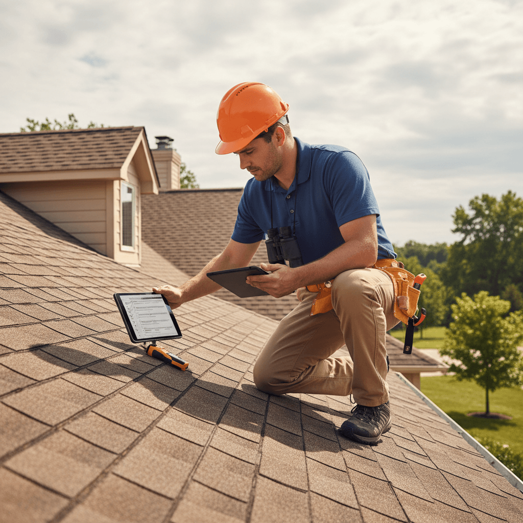 Contractor performing roof inspection and maintenance