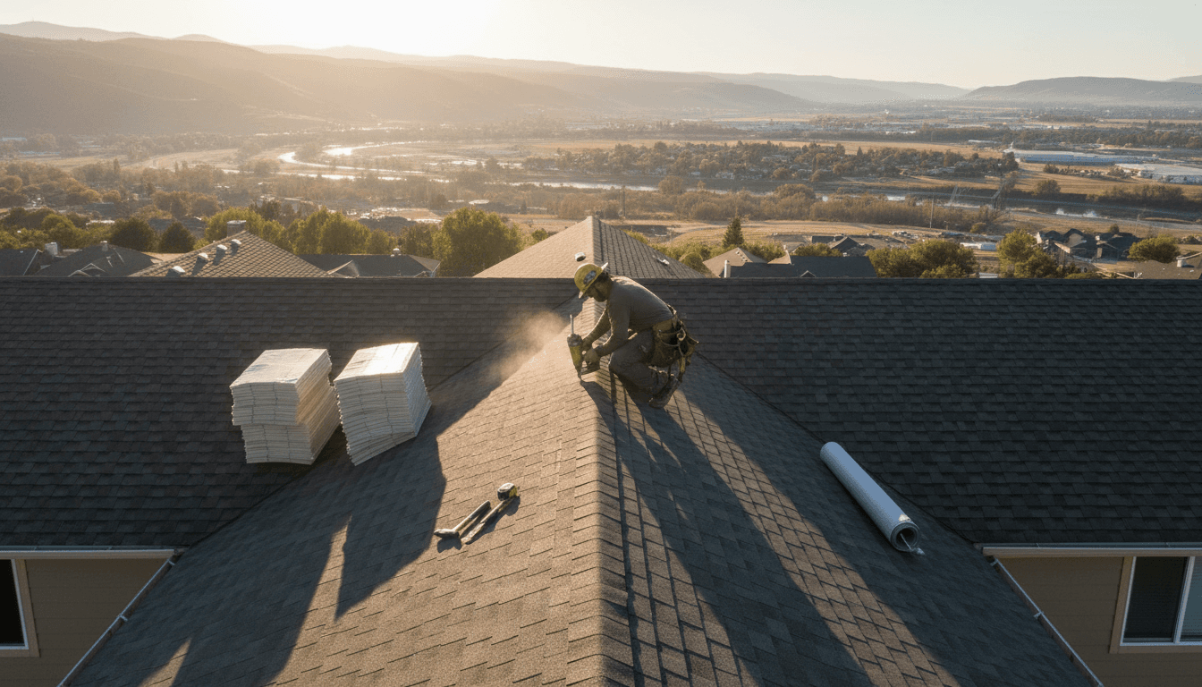 Experienced roofer installing new shingles on a residential roof in Fillmore, Utah