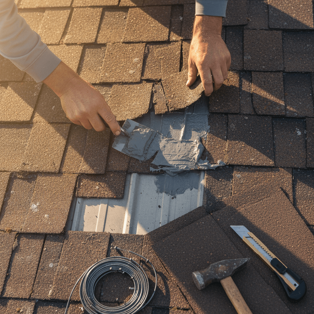 Roofing repair work on damaged shingles